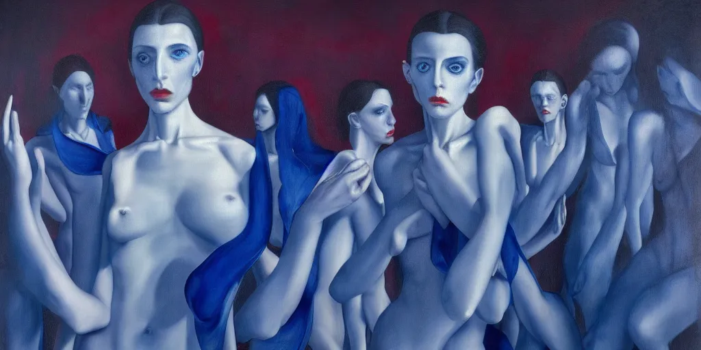 Image similar to only with blue, high fashion model shooting a cop, too many hands in all directions, in hoc signo vinces, waterfall, in the style of leonora carrington, gottfried helnwein, intricate composition, blue light by caravaggio, insanely quality, highly detailed, masterpiece, red light, artstation