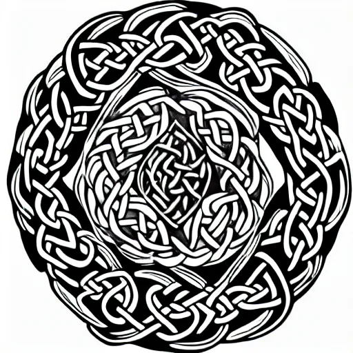 Image similar to tattoo on the shoulder, nordic and celtic, viking with sword and shield in the middle of knotwork, celtic knot band with a viking warrior centerpiece, viking holds a shield frontward and a sword over his head, dark green black ink tattoo