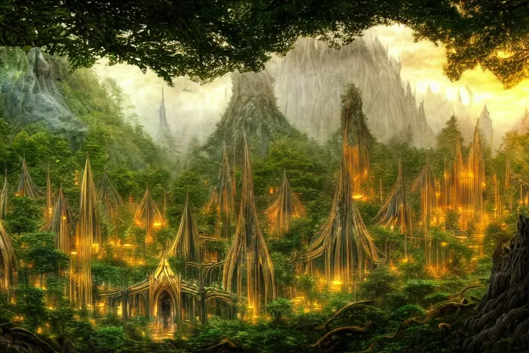 Prompt: a beautiful and highly detailed digital painting of a massive elven city in a mystical forest, lothlorien, rivendell, stained glass, celtic designs, intricate details, epic scale, hyperdetailed, hyperrealism,, artstation, cgsociety, 8 k, sharp focus, by caspar friedrich, james gurney, zeen chin, brian froud,