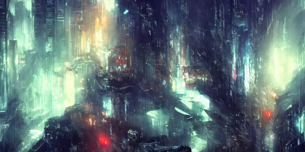 Image similar to blade runner with swords, 3 d anime, arcane style, ny, high resolution, by yoshitaka amano, by ruan jia, by conrad roset, by dofus online artists, city landscape, side scrolling, rule of thirds, 4 k