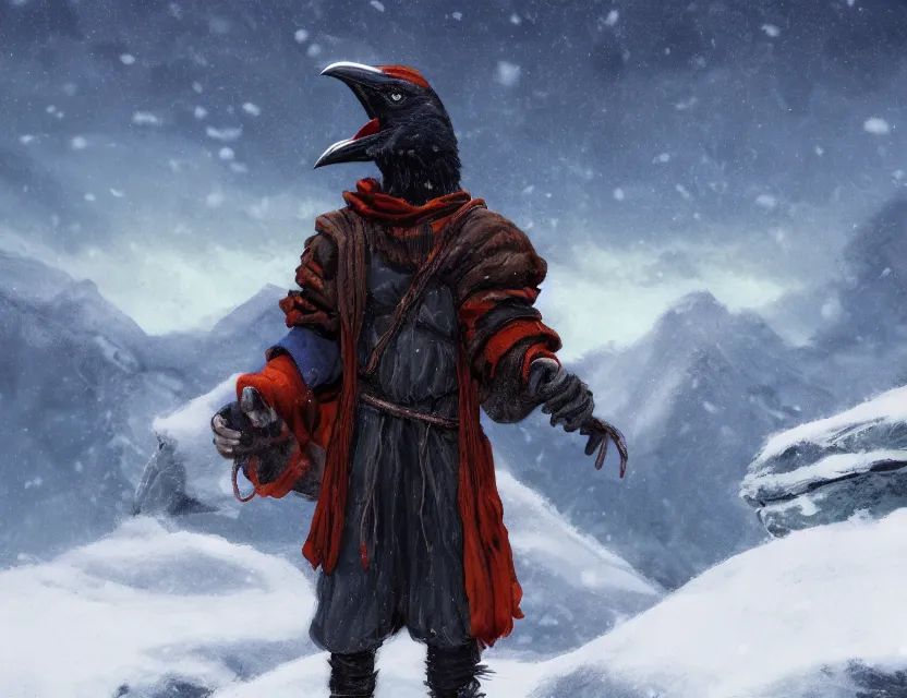 Prompt: crow alchemist boy in the flowering snowy mountains. complementary colors, indie concept art, luminescent, 4 k, chiaroscuro, rimlight.