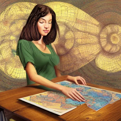 Image similar to a beautiful painting of a cute lady cartographer looking over a large paper map of galaxy spiral psychedelic human consciousness. the map is resting on a wooden table. digital art painting featured on artstation