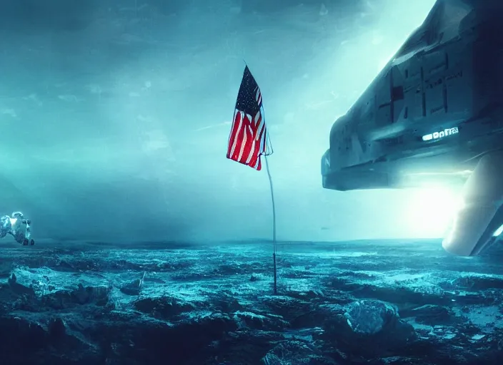 Prompt: astronaut holding a flag in an underwater desert. a submarine is visible in the distance. dark, concept art, cinematic, dramatic, atmospheric, 8 k, trending on artstation, blue, fish, low visibility, light rays, extremely coherent, bubbles, fog, ocean floor, christopher nolan, interstellar