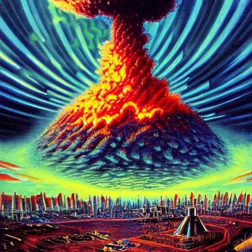Prompt: nuclear explosion in a futuristic city by Kentaro Miura, psychedelic