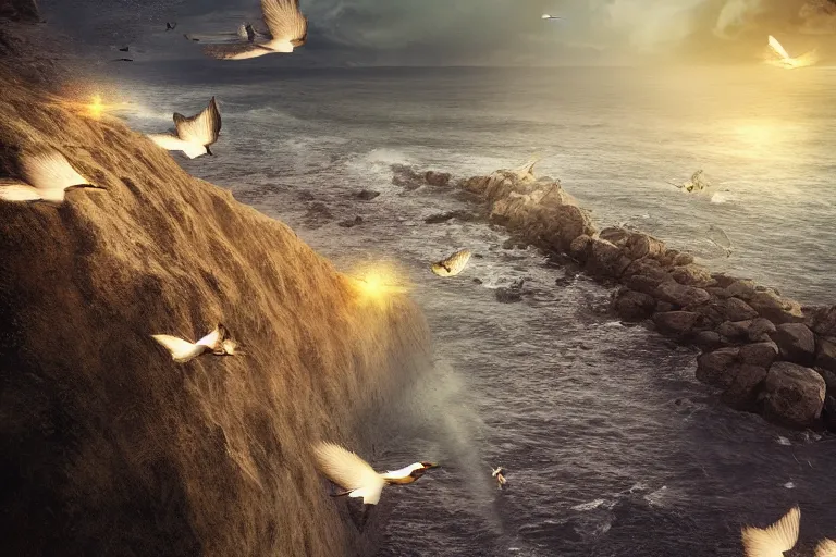 Image similar to a cinematic scene of a gigantic wall near an ocean, people flying on birds, concept, digital art, dramatic lighting