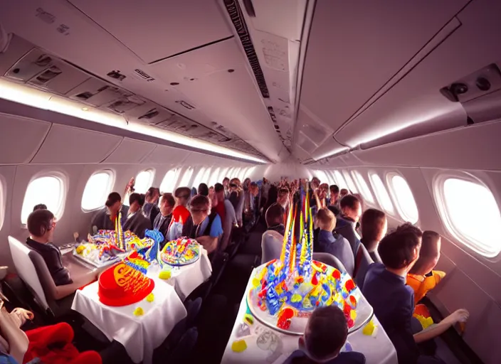 Prompt: boeing 737 cabin, many rich people, birthday party, party hats, string of balloons, one big birthday cake, realistic, insanely detailed, wide angle, Unreal 5 engine, trending on artstation, by Huang Guangjian and Gil Elvgren and Sachin Teng