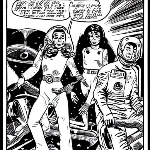 Prompt: alien racing drivers, space, comic, racers, retro, 70s, comic book, girl