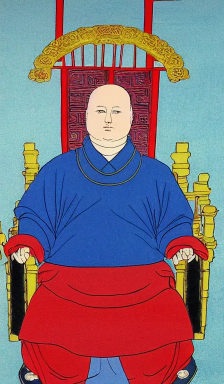 Image similar to Bobby Hill sits on his throne as emperor of Hill Dynasty China, ink and color on silk, imperial portrait