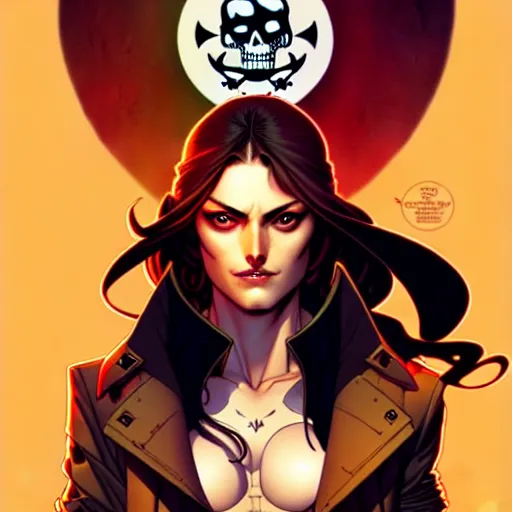 Image similar to artgerm, joshua middleton comic cover art, pretty pirate phoebe tonkin smiling, symmetrical eyes, symmetrical face, long curly black hair, on a pirate ship background, warm colors