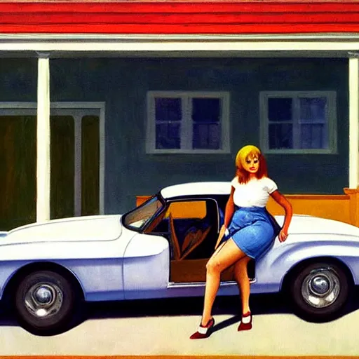 Image similar to Character portrait with car, dated a woman that lived on Cooterneck Road, She had a catfish Camero and was cooler than me, by Edward Hopper, Bo Bartlett, and Cynthia Sheppard, Artstation