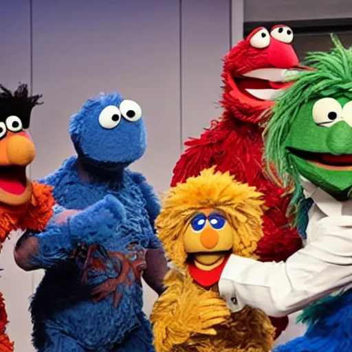 Prompt: ted cruz fighting getting black eye punched and kicked by a gang of buff strong muppets on sesame street