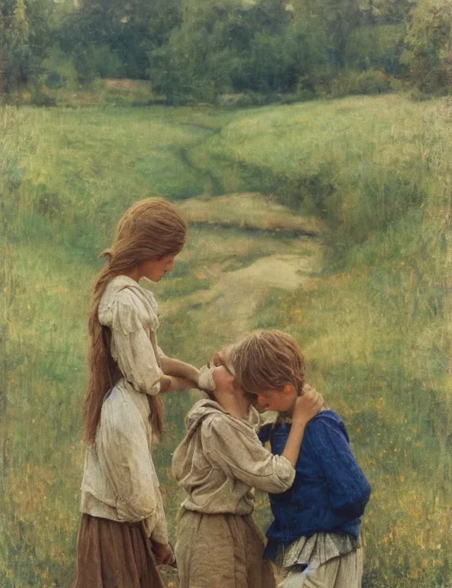 Image similar to peasant boy and girl first kiss, on a village, Cinematic focus, Polaroid photo, vintage, neutral colors, soft lights, foggy, by Steve Hanks, by Serov Valentin, by lisa yuskavage, by Andrei Tarkovsky oil on canvas