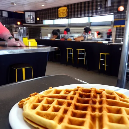 Prompt: first person perspective with arms and hands, wafflehouse