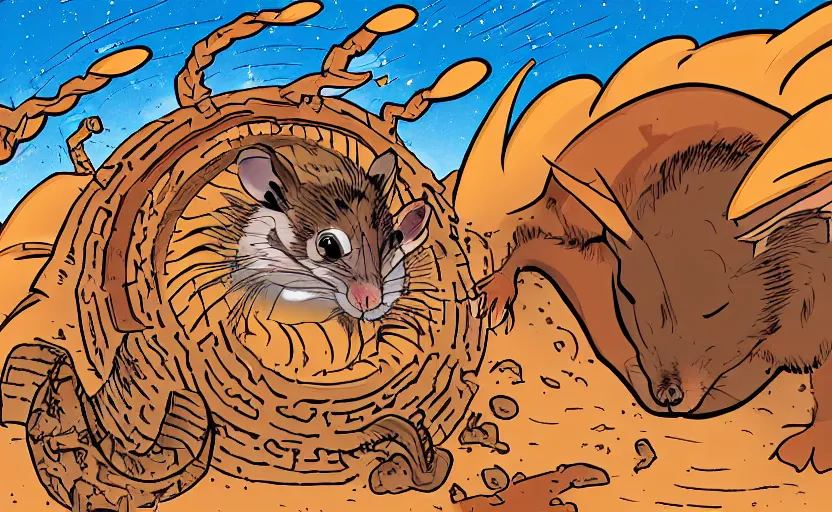 Image similar to incredible eye catching comic panel showing a desert mouse riding a sandworm of the deep desert, close up shot of the mouse's face struggling to steer the beast