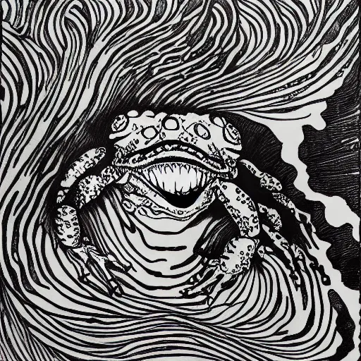 Image similar to deep camouflage angry toad evil eyes poking out eyes from under the water ultra sharp blur background simple background psychedelic contour ink drawing gustave dore katshushika Hokusai big eyes