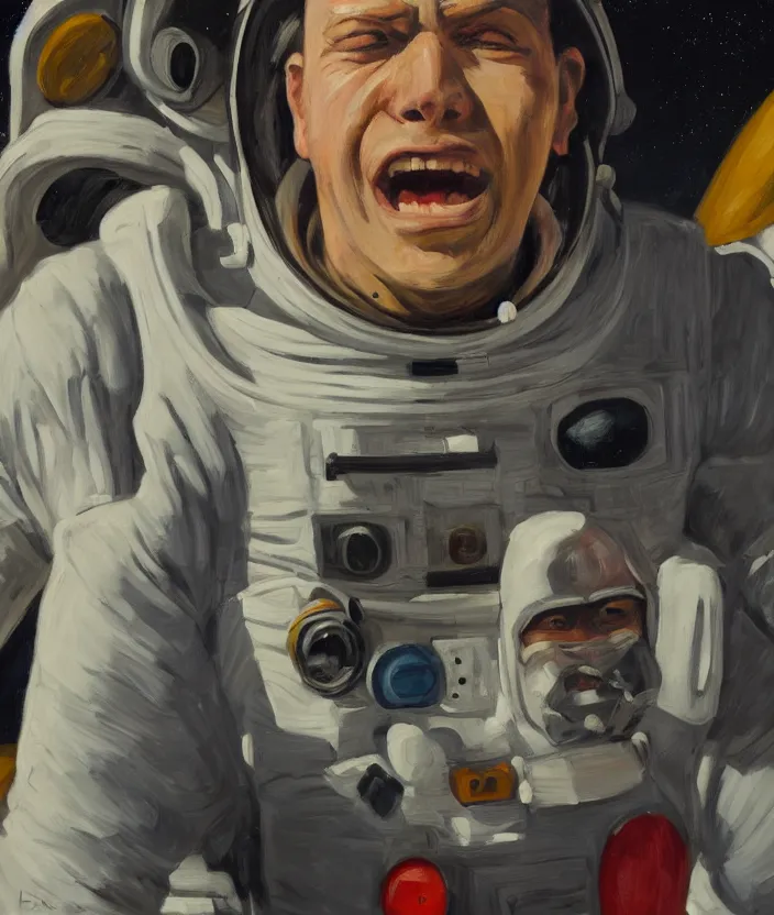 Image similar to a close up portrait painting of a man in an astronaut suit, the man is screaming and sad, highly detailed facial details, face close up, aesthetic architecture in the background, in the style of edward hopper, fine brush strokes, 4 k,