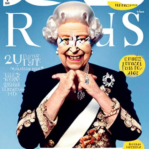 Prompt: the queen of england making a rude gesture lifting her middle finger in a magazine cover photo.