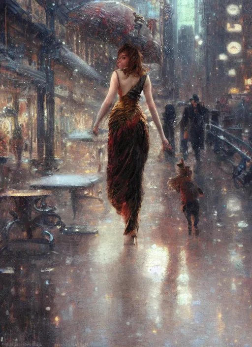 Image similar to emma stone walking into new york building, christmas, artwork by gaston bussiere, craig mullins, trending on artstation