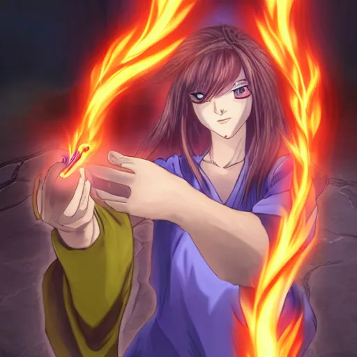 Prompt: anime female wizard casting a fireball at an orc