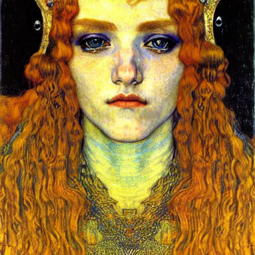 Image similar to detailed realistic beautiful young medieval queen face portrait by jean delville, gustav klimt and vincent van gogh, art nouveau, symbolist, visionary, gothic, pre - raphaelite