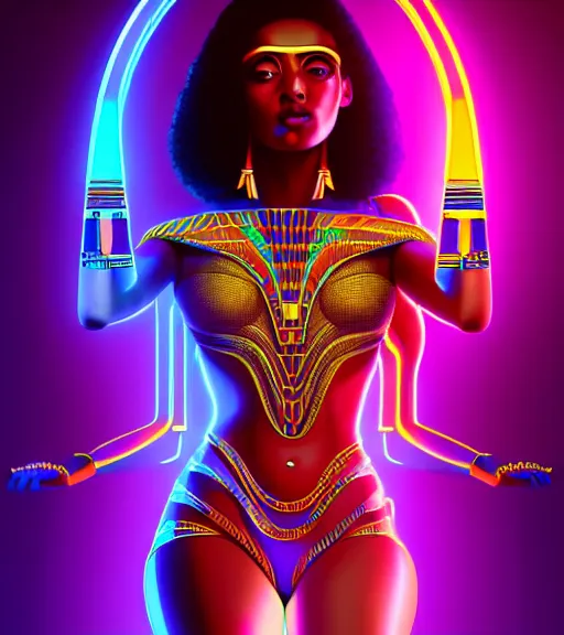 Image similar to symmetry!! egyptian goddess of technology, solid cube of light, hard edges, product render retro - futuristic poster scifi, lasers and neon circuits, brown skin beautiful egyptian goddess, intricate, elegant, highly detailed, digital painting, artstation, concept art, smooth, sharp focus, illustration, dreamlike, art by artgerm