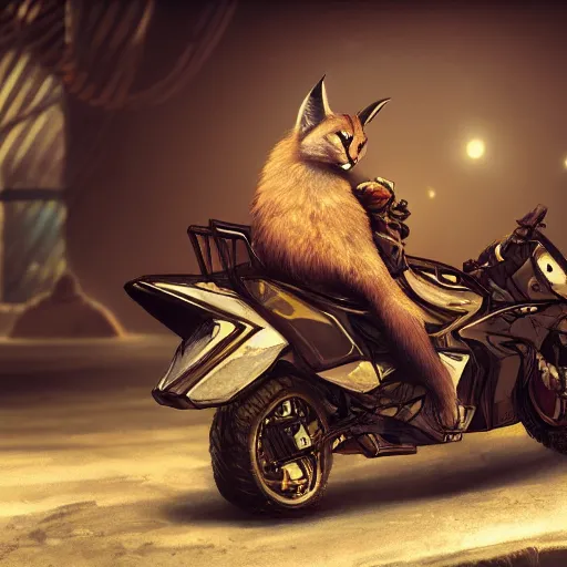 Image similar to cute fluffy caracal riding a motorcycle, hyper detailed, digital art, trending in artstation, cinematic lighting, studio quality, smooth render, unreal engine 5 rendered, octane rendered