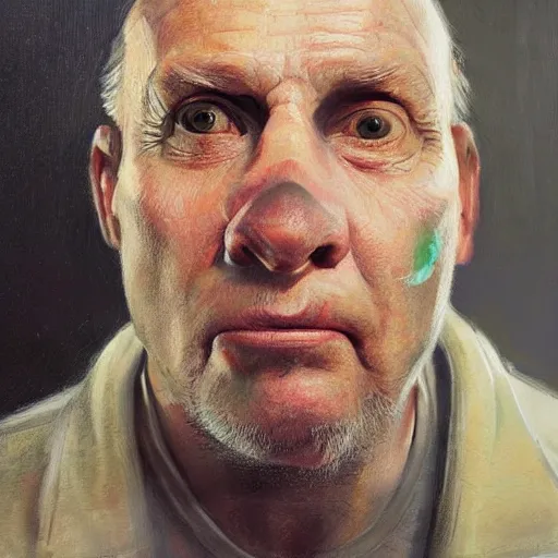 Image similar to portret of old balding man with fish like facial features, eerie lighting, detailed painting in style of Kim Myatt