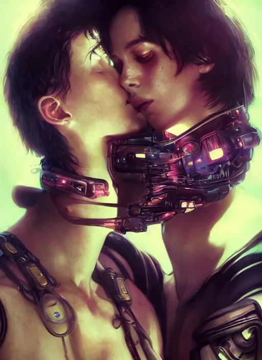 Image similar to cyberpunk, sci - fi, fantasy, ultra realistic close - up of a couple of cyborgs kissing, lovers, faces, led, unreal engine, octane render, soft light, night, highly detailed, digital painting, concept art, sharp focus, illustration, art by artgerm and greg rutkowski and alphonse mucha