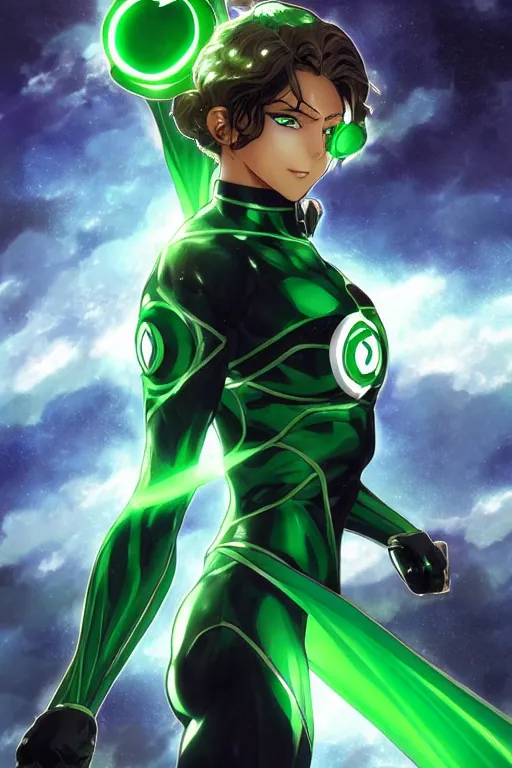 Image similar to anime key visual of a beautiful young female green lantern!! intricate, green and black suit, glowing, powers, dc comics, cinematic, stunning, highly detailed, digital painting, artstation, smooth, hard focus, illustration, art by artgerm and greg rutkowski and alphonse mucha