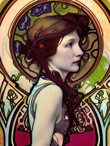 Image similar to a beautiful painting of alicia witt by Alphonse Mucha and by arthur rackham and by james jean and by Mark Brooks and by john william waterhouse, Art Nouveau, Neo-Gothic, gothic, award winning painting, hyperdetailed, detailed