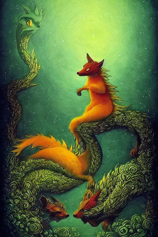 Image similar to surreal hybrid dragons and foxes, nostalgia for a fairytale, magic realism, flowerpunk, mysterious, vivid colors, by andy kehoe, amanda clarke