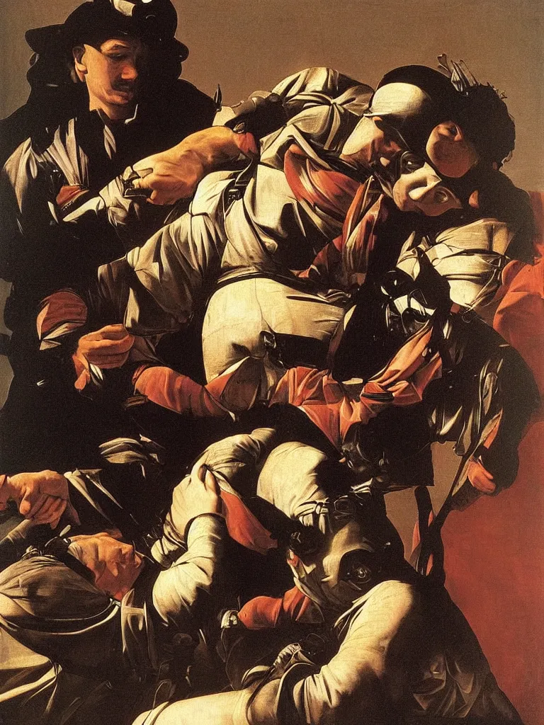 Image similar to portrait of a soldier laying his hand on top of the queen ’ s head, by caravaggio