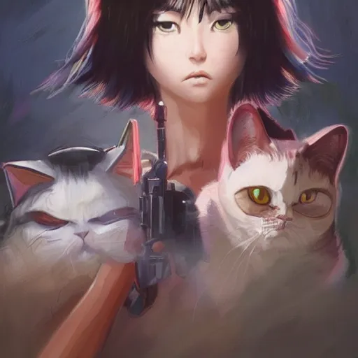 Prompt: A cowboy cat with big and cute eyes, fine-face, realistic shaded perfect face, fine details. realistic shaded lighting poster by Ilya Kuvshinov katsuhiro otomo ghost-in-the-shell, magali villeneuve, artgerm, Jeremy Lipkin and Michael Garmash, Rob Rey and Kentarõ Miura style, trending on art station