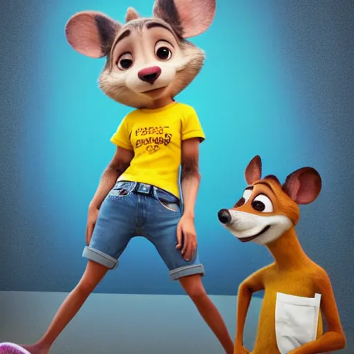 Image similar to 3 d render, portrait, upper body shot, mid shot, anthropomorphic mouse, female, wearing denim short shorts and a off yellow tank top shirt, solo, in the style of zootopia