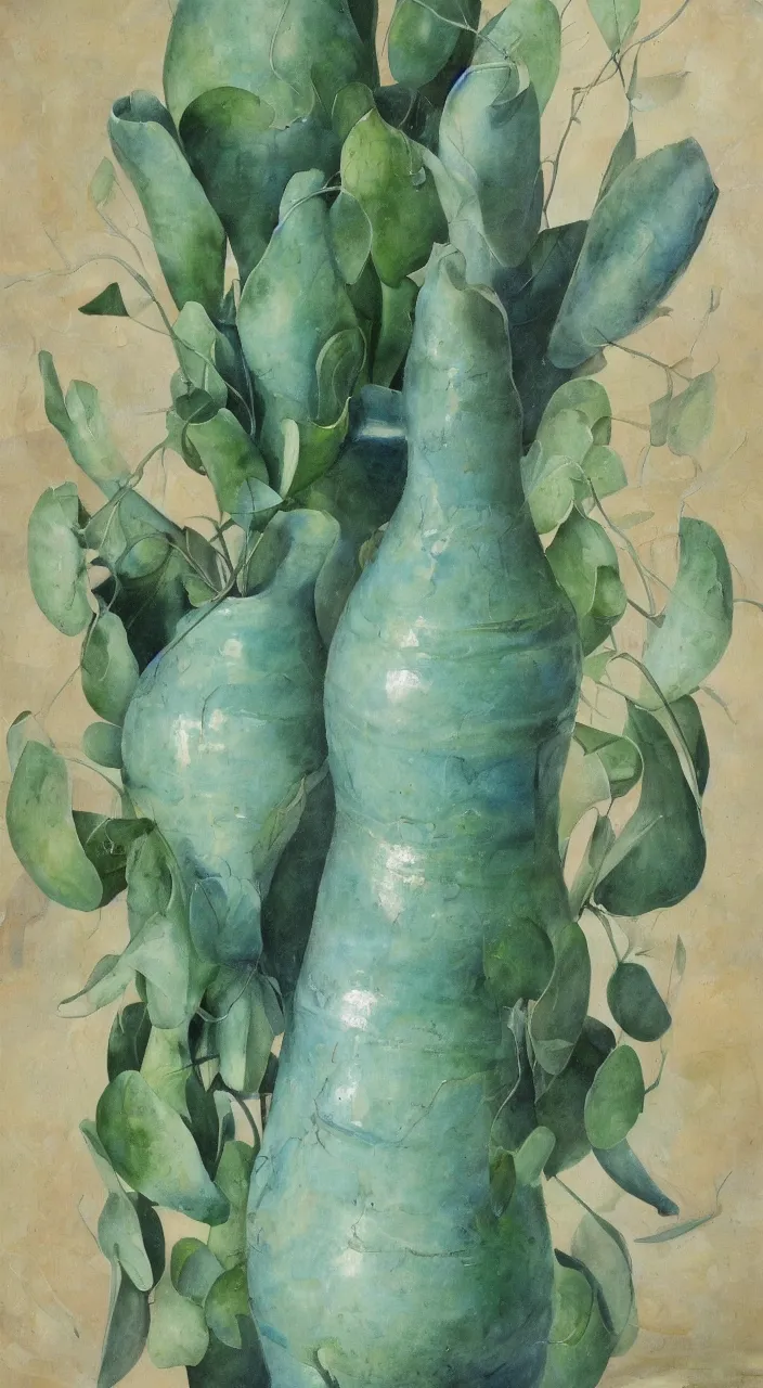 Prompt: a biomorphic ceramic still distilling eucalyptus into green oil, flowing, amphora, alchemical still, brush stroke, romantic painting