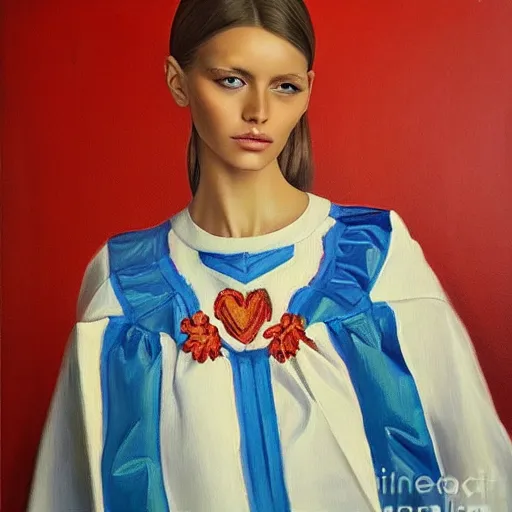 Image similar to hyperrealism oil painting of ukrainian fashion model in vyshyvanka