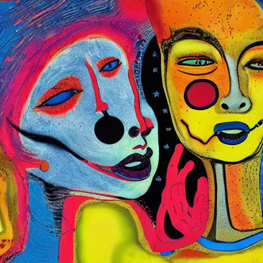 Image similar to beautiful painting of two bizarre psychedelic women kissing each other closeup on an alien planet, speculative evolution, mixed media collage by basquiat and junji ito, magazine collage art, paper collage art, sapphic art, lesbian art