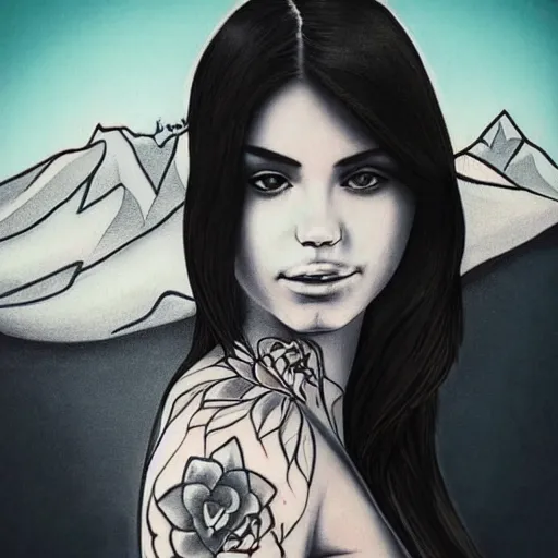 Image similar to tattoo design sketch of a beautiful girl against a beautiful mountain scenery, hyper realistic
