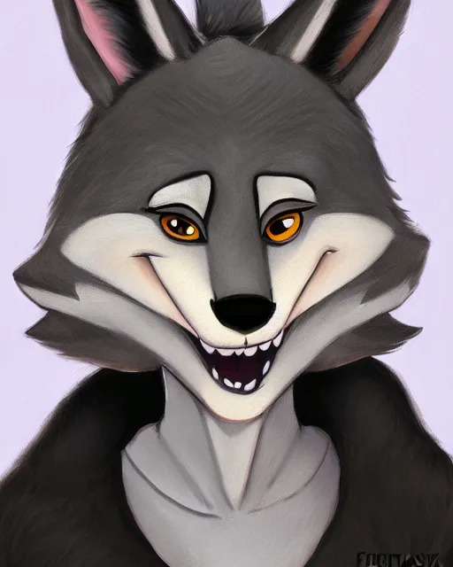 Image similar to full body oil painting of anthromorphic furry female wolf, in style of zootopia, female fursona, furry, furaffinity, 4 k, deviantart, furry art, fursona art, wearing black business suit, wearing black business suit, wolf fursona, female, very expressive detailed feminine face,