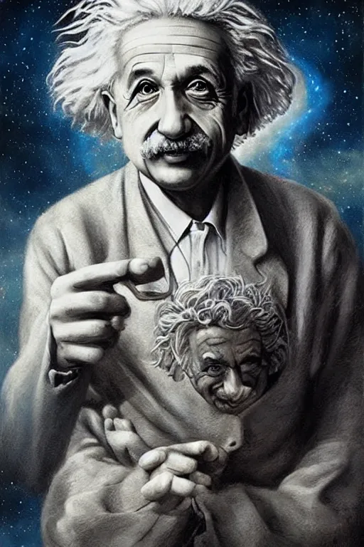 Image similar to breathtakingly beautiful painting of albert einstein as a genie, thinking about equations, moonlit sky, matte painting by brian froud, shaun tan, wlo and peter mohrbacher, highly detailed, intricate,, award winning artwork, trending on artstation, high quality printing, fine art with subtle redshift rendering