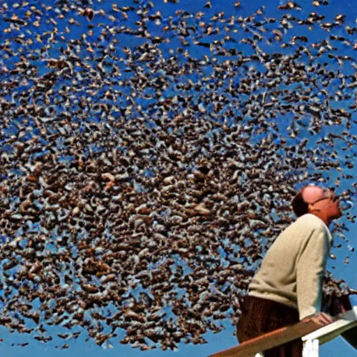 Image similar to George Costanza, caught in a trap of his own making, is plucked into the heavens by birds.