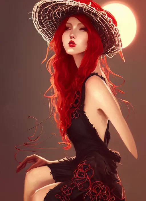 Prompt: a highly detailed illustration of tall beautiful red haired lady wearing black spaghetti strap noir style dress and sun hat, elegant stroking face pose, intricate, elegant, highly detailed, centered, digital painting, artstation, concept art, smooth, sharp focus, league of legends concept art, wlop.