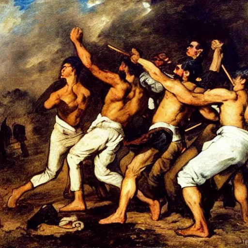 Prompt: Eugène Delacroix painting of black men fighting white men