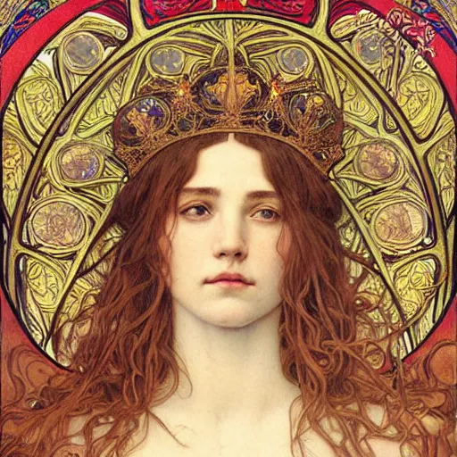 Image similar to detailed realistic beautiful young medieval queen face portrait by jean delville, alphonse mucha, and marco mazzoni, art nouveau, symbolist, visionary, gothic, pre - raphaelite