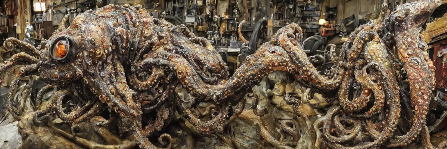 Image similar to low wide angle photo taken of an epic intricate, ultra detailed, super realistic gritty, hero prop, exquisitely painted animatronic movie prop of a wet slimy grotesque nightmarish hellish mutant cephalopod creature displayed in the workshop, created by weta workshop, full body shot, photorealistic, sharp focus