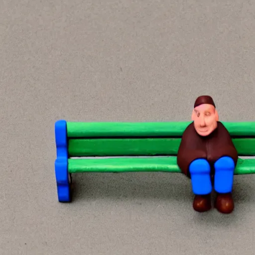 Prompt: An old man sitting on a bench, claymation