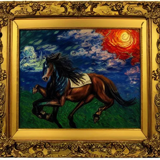 Image similar to oil painting horses mixed with dragon at night backlit in style o monet