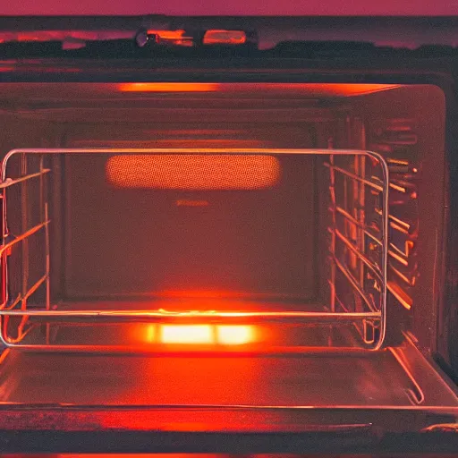 Image similar to toaster oven hangig by metallic cables, symmetry, dark messy smoke - filled cluttered workshop, dark, dramatic lighting, orange tint, sparks, cinematic, highly detailed, sci - fi, futuristic, movie still