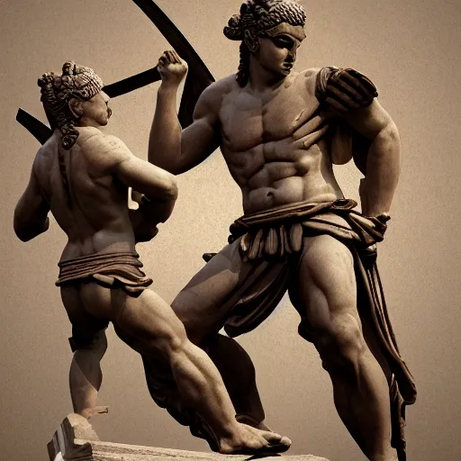 Prompt: greek statue of japanese samurais fighting aztec gods, historical artwork, museum art, rome greece, india, france, china artstation, tumblr