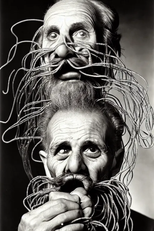 Prompt: extremely detailed portrait of old italian cook, spaghetti mustache, slurping spaghetti, spaghetti in the nostrils, spaghetti hair, spaghetti beard, huge surprised eyes, shocked expression, scarf made from spaghetti, full frame, award winning photo by george hurrell